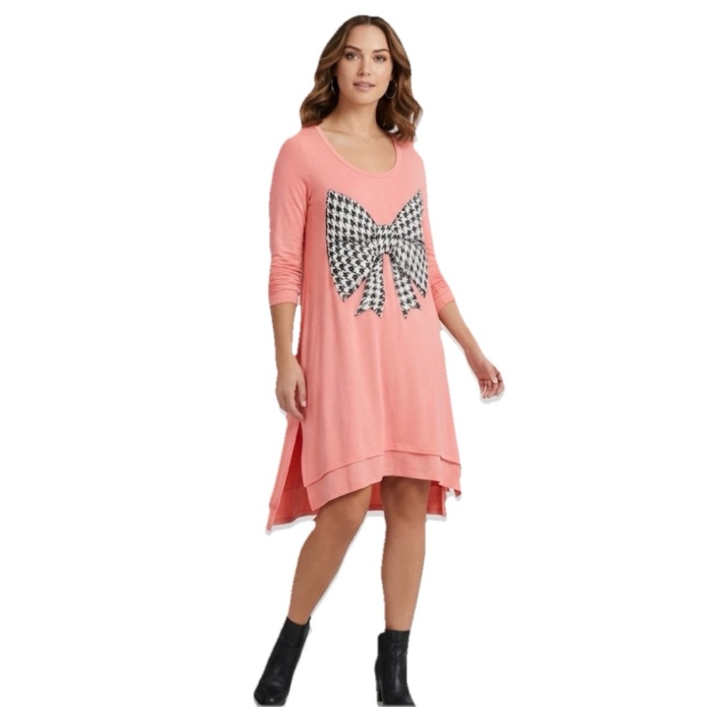 Lauren Moshi Houndstooth Bow Design Women’s Pink Long Sleeve Dress Size Small